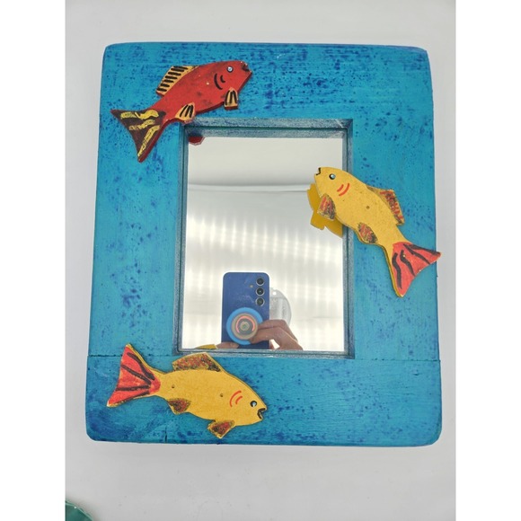 Vintage Hand Carved Painted Wood Mirror Folk Art Fish Rustic Turquoise 10"X12" - Picture 3 of 9